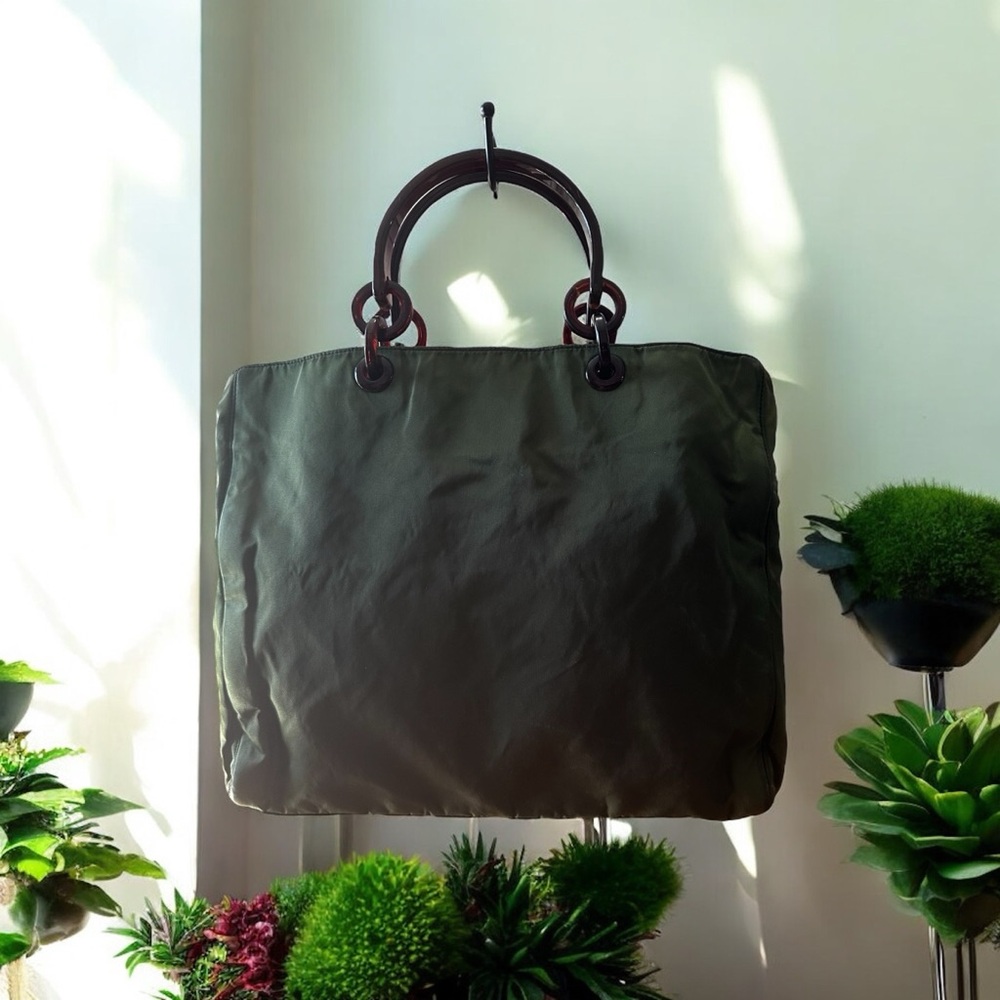 Prada Green Nylon Tote Bag with Amber Style Handles
